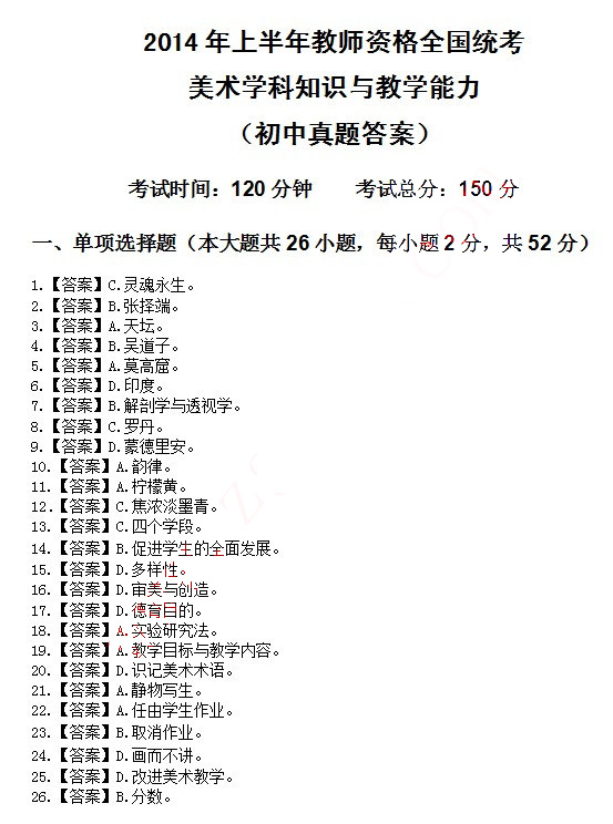 2014上半年教师资格统考初中美术真题答案1